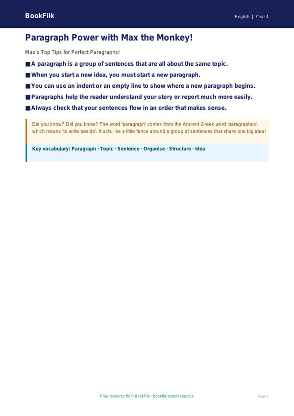 Free Paragraphs Poster | Year 4 Supported | BookFlik worksheet preview — English Paragraphs