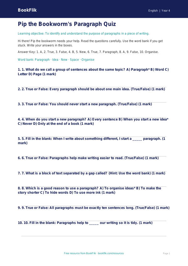 Free Paragraphs Quiz | Year 4 Supported | BookFlik worksheet preview — English Paragraphs