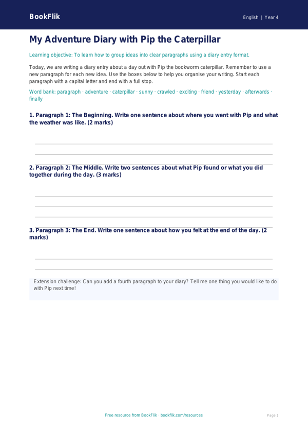 Free Paragraphs Template | Year 4 Supported | BookFlik worksheet preview — English Paragraphs