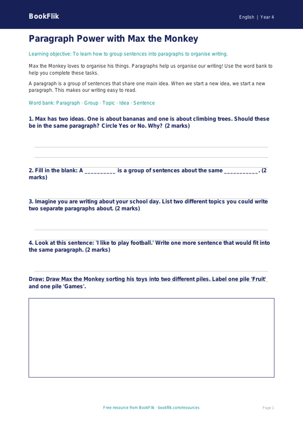 Free Paragraphs Worksheet | Year 4 Supported | BookFlik worksheet preview — English Paragraphs