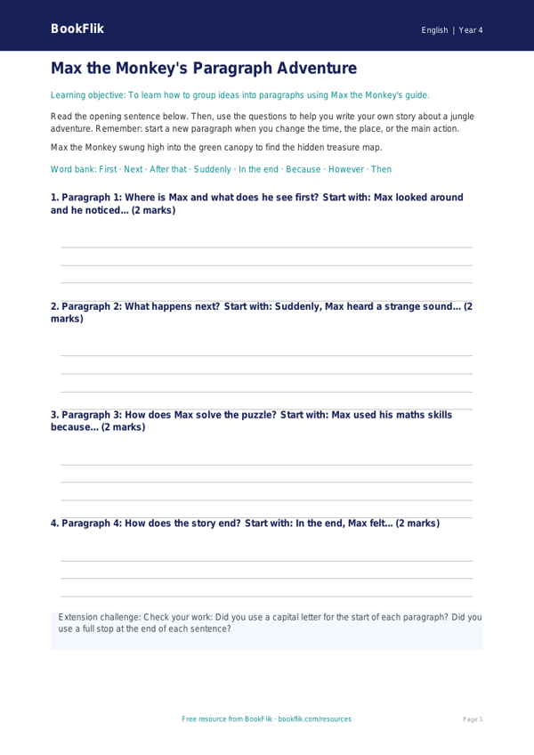 Free Paragraphs Writing Frame | Year 4 Supported | BookFlik worksheet preview — English Paragraphs