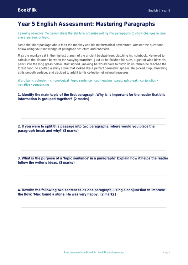 Free Paragraphs Assessment | Year 5 Core | BookFlik worksheet preview — English Paragraphs