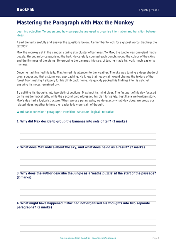 Free Paragraphs Comprehension | Year 5 Core | BookFlik worksheet preview — English Paragraphs