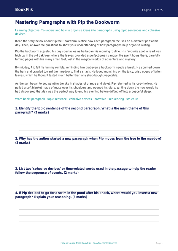 Free Paragraphs Track Sheet | Year 5 Core | BookFlik worksheet preview — English Paragraphs