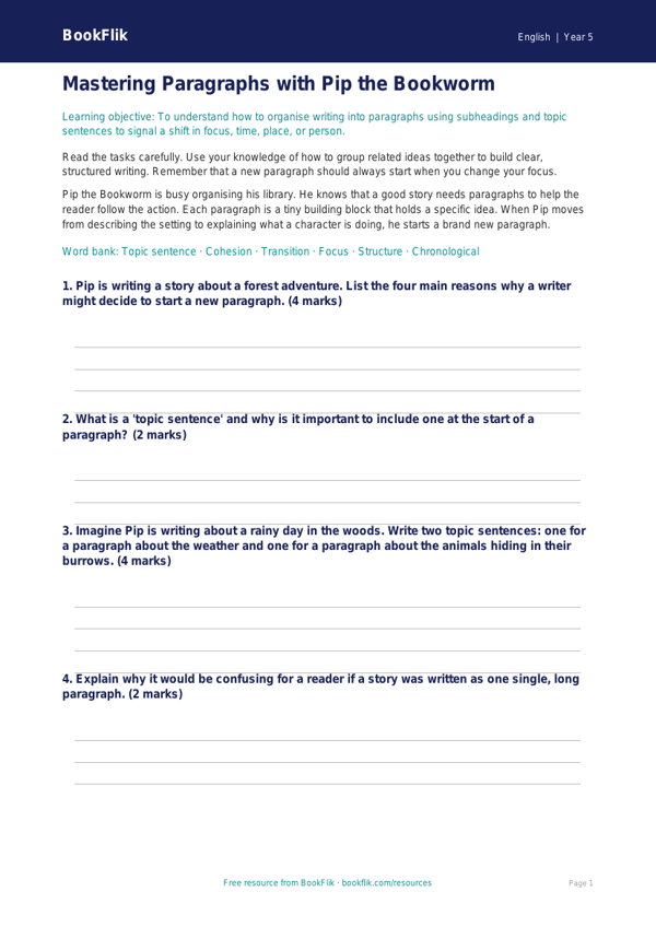 Free Paragraphs Worksheet | Year 5 Core | BookFlik worksheet preview — English Paragraphs
