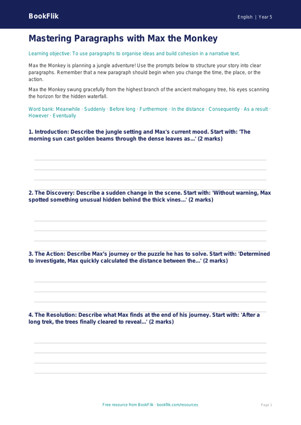 Free Paragraphs Writing Frame | Year 5 Core | BookFlik worksheet preview — English Paragraphs
