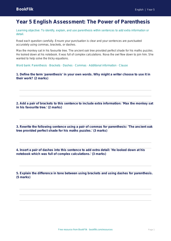 Free Parenthesis Assessment | Year 5 Core | BookFlik worksheet preview — English Parenthesis