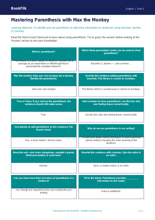 Free Parenthesis Flashcards | Year 5 Core | BookFlik worksheet preview — English Parenthesis