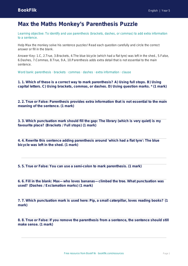 Free Parenthesis Quiz | Year 5 Core | BookFlik worksheet preview — English Parenthesis