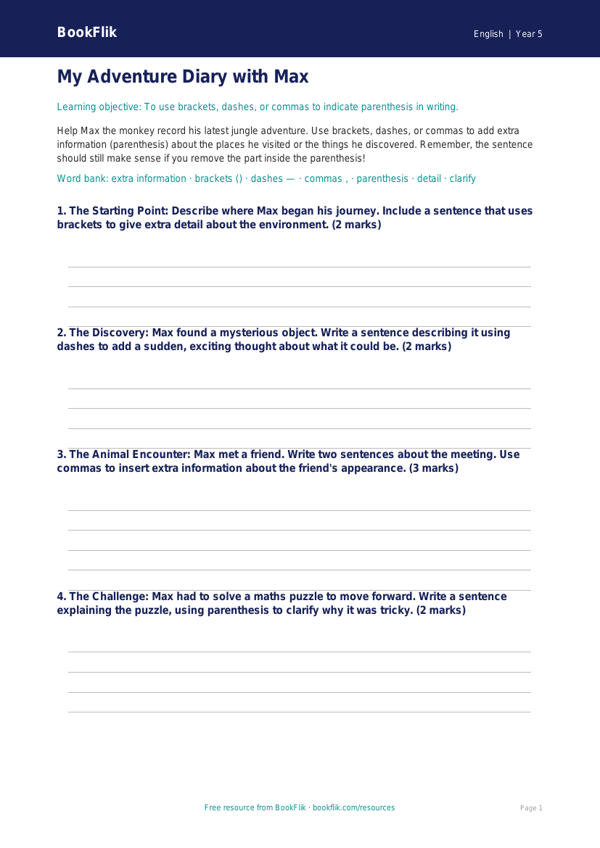 Free Parenthesis Template | Year 5 Core | BookFlik worksheet preview — English Parenthesis