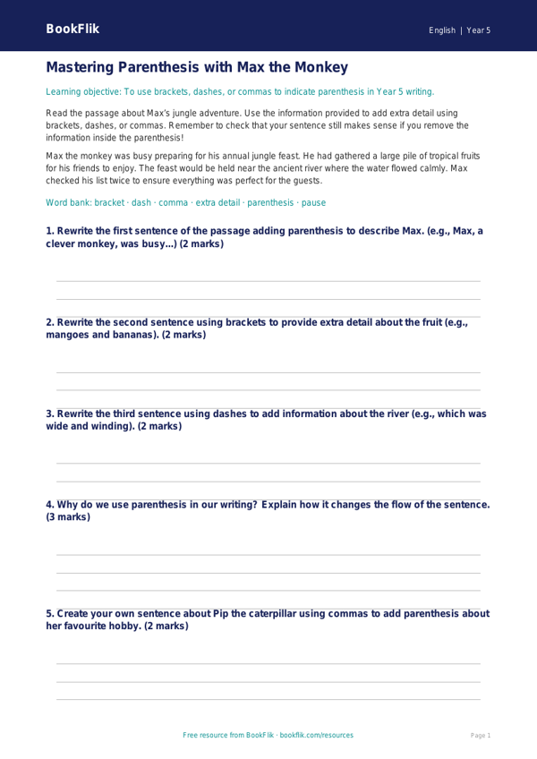 Free Parenthesis Track Sheet | Year 5 Core | BookFlik worksheet preview — English Parenthesis