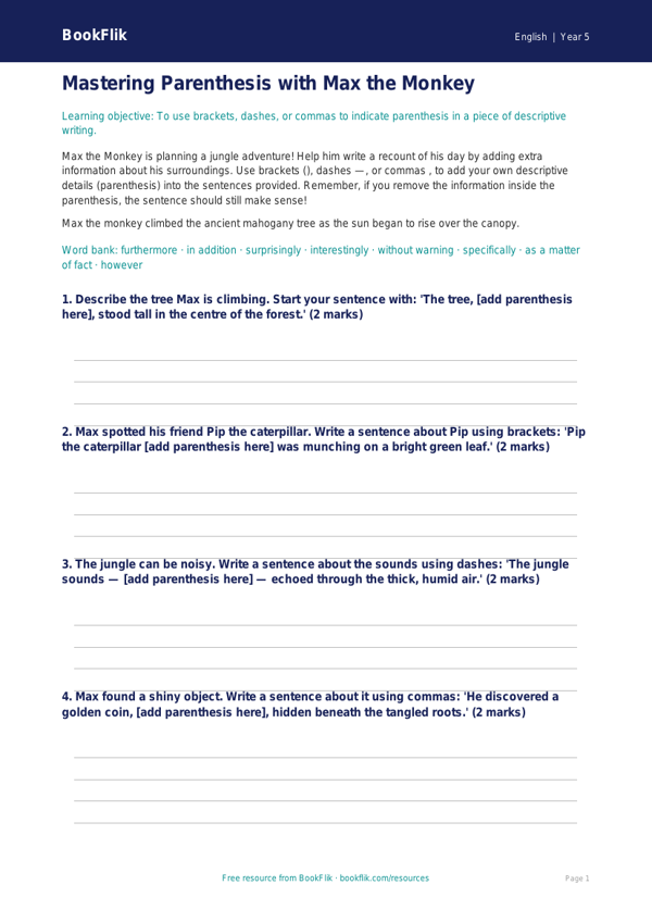 Free Parenthesis Writing Frame | Year 5 Core | BookFlik worksheet preview — English Parenthesis