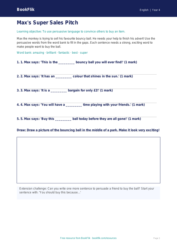 Free Persuasive Writing Activity Sheet | Year 4 Supported | BookFlik worksheet preview — English Persuasive Writing
