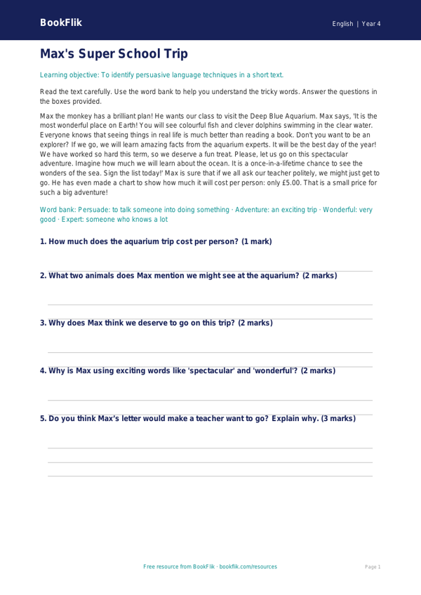 Free Persuasive Writing Comprehension | Year 4 Supported | BookFlik worksheet preview — English Persuasive Writing