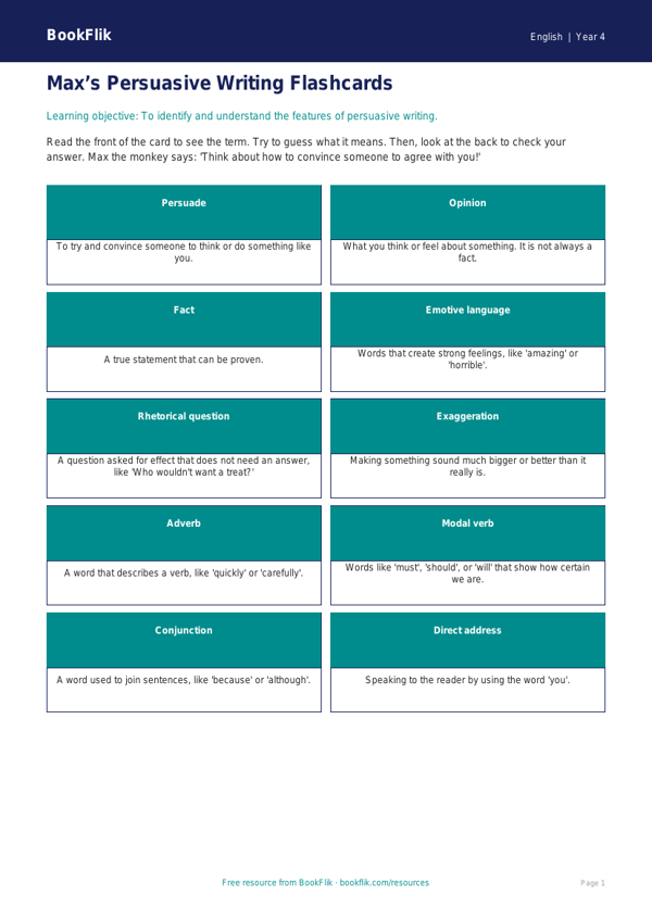 Free Persuasive Writing Flashcards | Year 4 Supported | BookFlik worksheet preview — English Persuasive Writing