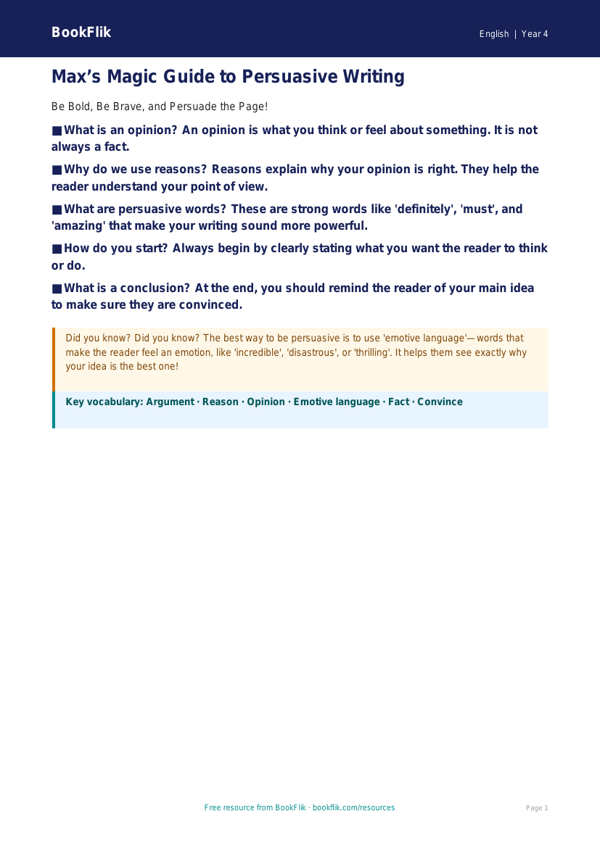 Free Persuasive Writing Poster | Year 4 Supported | BookFlik worksheet preview — English Persuasive Writing