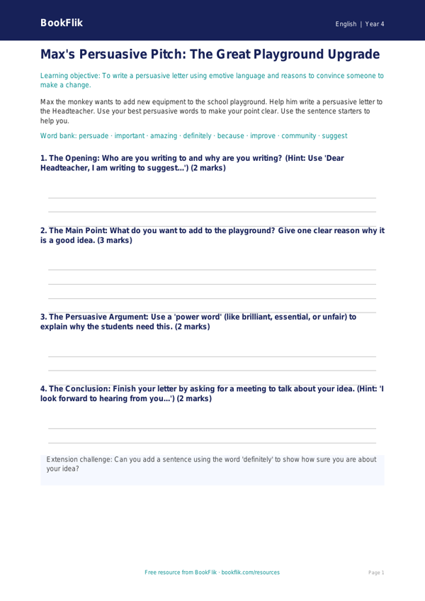 Free Persuasive Writing Template | Year 4 Supported | BookFlik worksheet preview — English Persuasive Writing