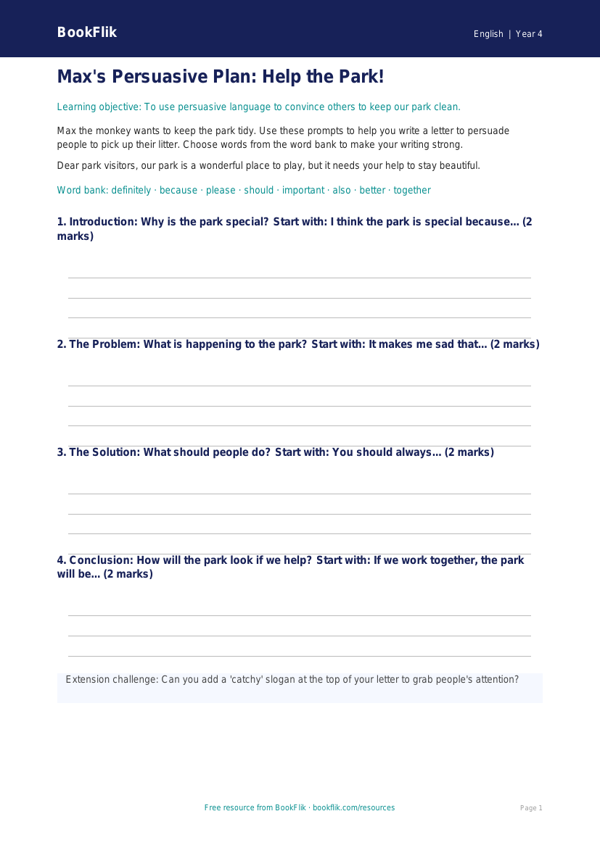 Free Persuasive Writing Frame | Year 4 Supported | BookFlik worksheet preview — English Persuasive Writing