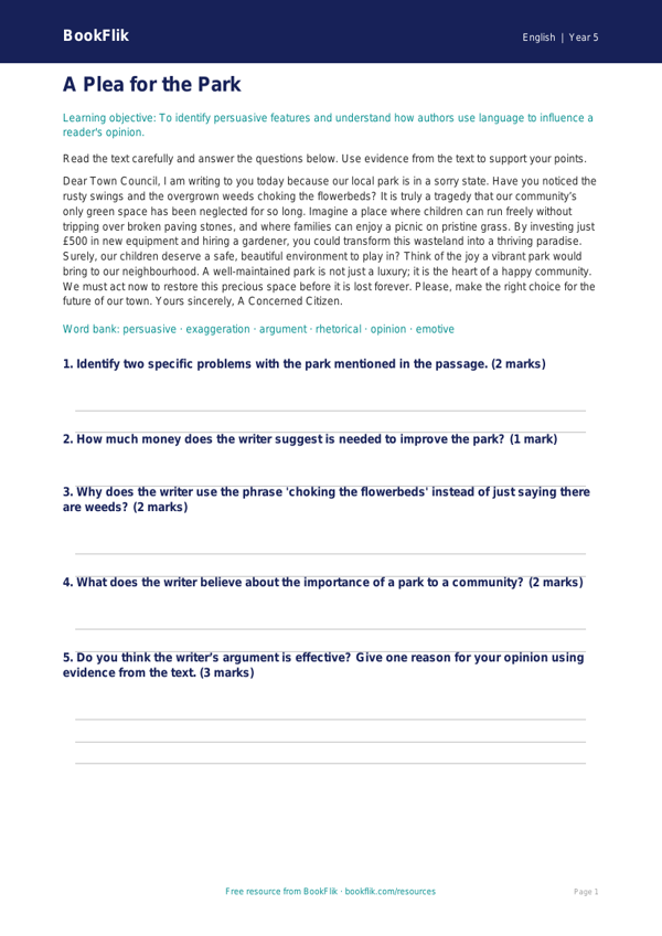 Free Persuasive Writing Comprehension | Year 5 Core | BookFlik worksheet preview — English Persuasive Writing