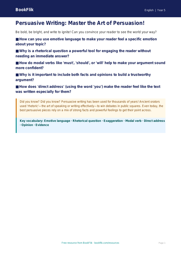 Free Persuasive Writing Poster | Year 5 Core | BookFlik worksheet preview — English Persuasive Writing