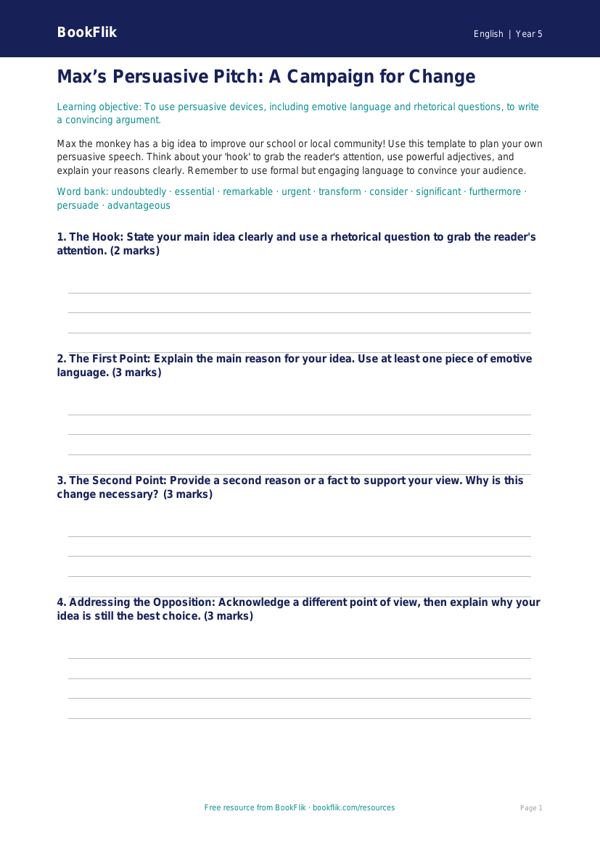 Free Persuasive Writing Template | Year 5 Core | BookFlik worksheet preview — English Persuasive Writing