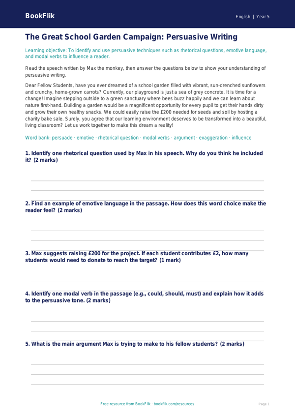Free Persuasive Writing Track Sheet | Year 5 Core | BookFlik worksheet preview — English Persuasive Writing