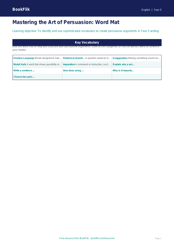 Free Persuasive Writing Word Mat | Year 5 Core | BookFlik worksheet preview — English Persuasive Writing