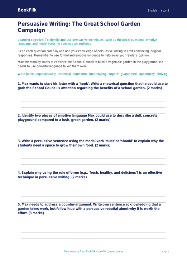 Free Persuasive Writing Worksheet | Year 5 Core | BookFlik worksheet preview — English Persuasive Writing
