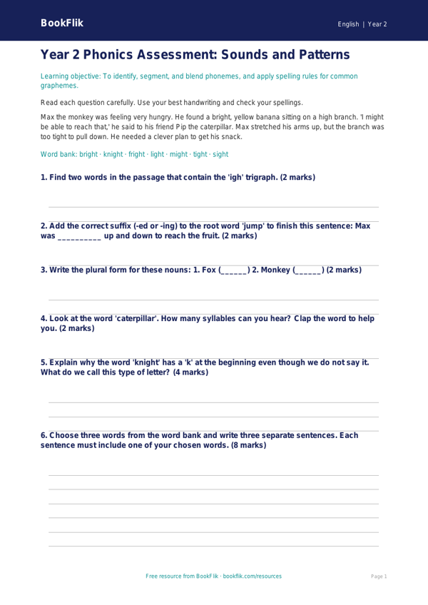 Free Phonics Assessment | Year 2 Core | BookFlik worksheet preview — English Phonics