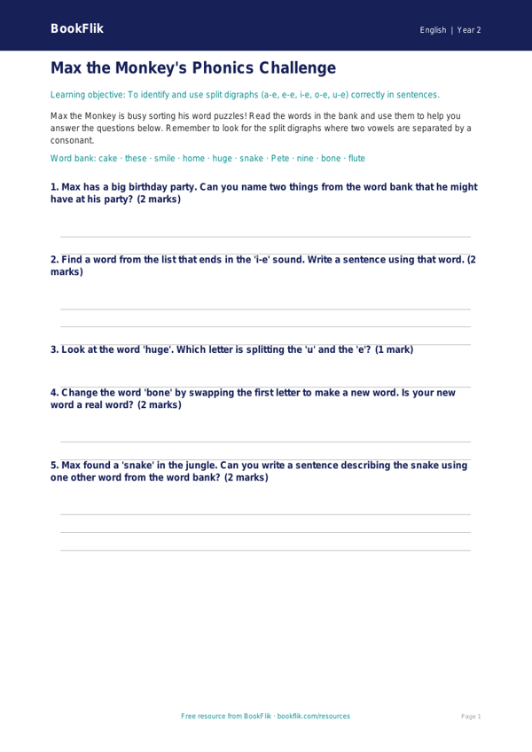 Free Phonics Worksheet | Year 2 Core | BookFlik worksheet preview — English Phonics