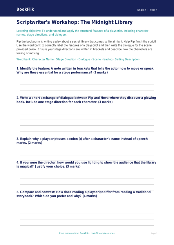 Free Playscripts Activity Sheet | Year 4 Greater Depth | BookFlik worksheet preview — English Playscripts