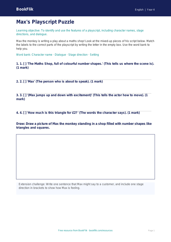 Free Playscripts Activity Sheet | Year 4 Supported | BookFlik worksheet preview — English Playscripts