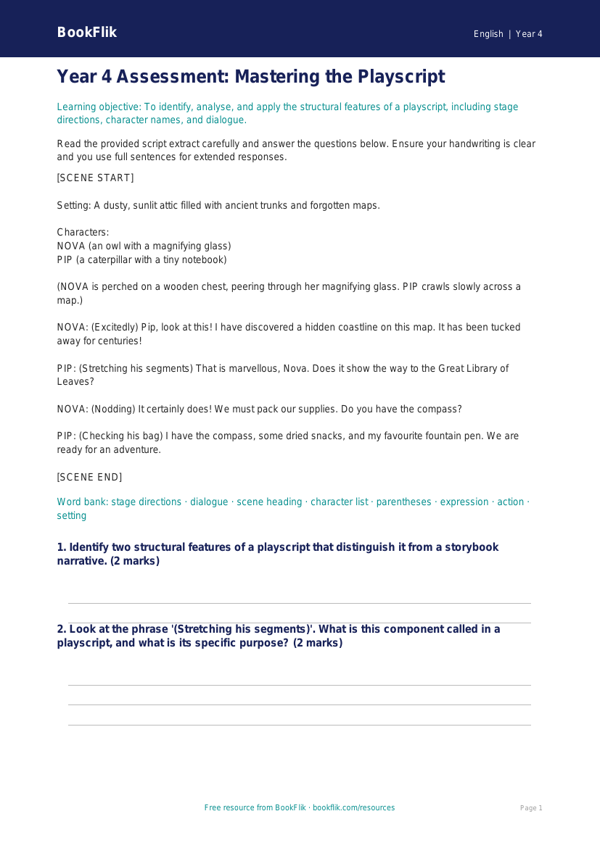 Free Playscripts Assessment | Year 4 Greater Depth | BookFlik worksheet preview — English Playscripts