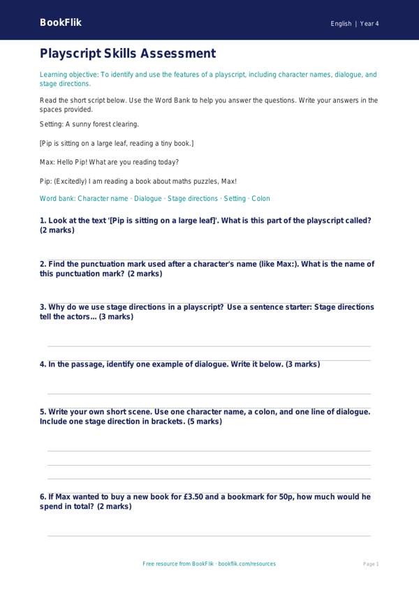 Free Playscripts Assessment | Year 4 Supported | BookFlik worksheet preview — English Playscripts