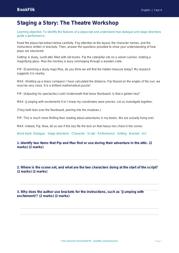 Free Playscripts Comprehension | Year 4 Greater Depth | BookFlik worksheet preview — English Playscripts