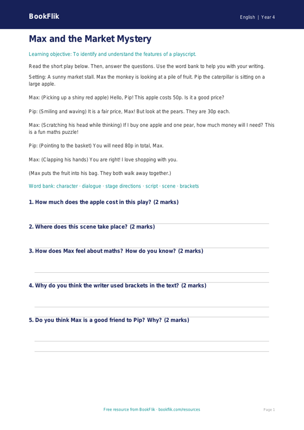 Free Playscripts Comprehension | Year 4 Supported | BookFlik worksheet preview — English Playscripts