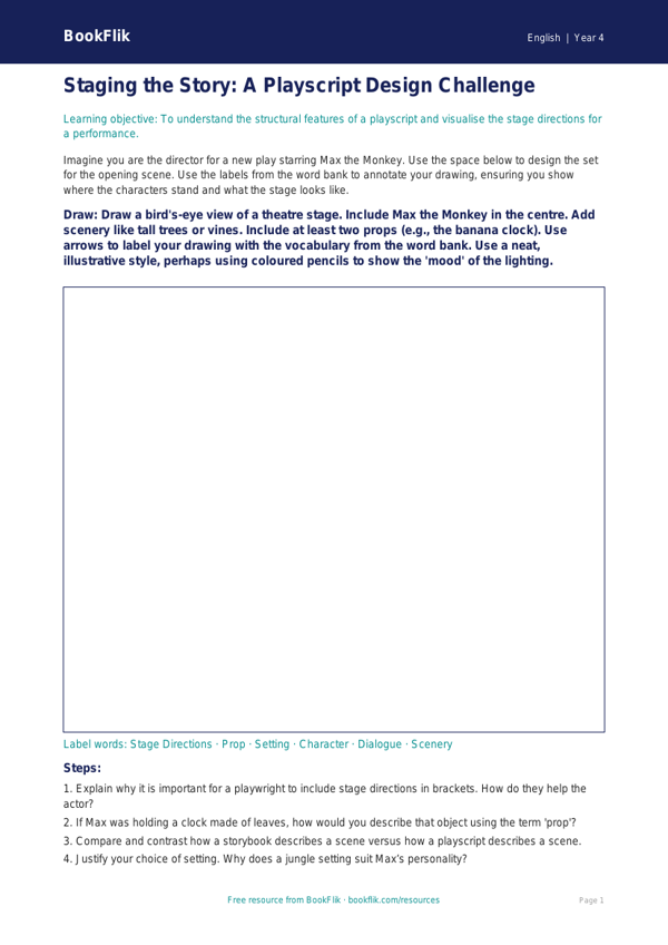 Free Playscripts Drawing Sheet | Year 4 Greater Depth | BookFlik worksheet preview — English Playscripts