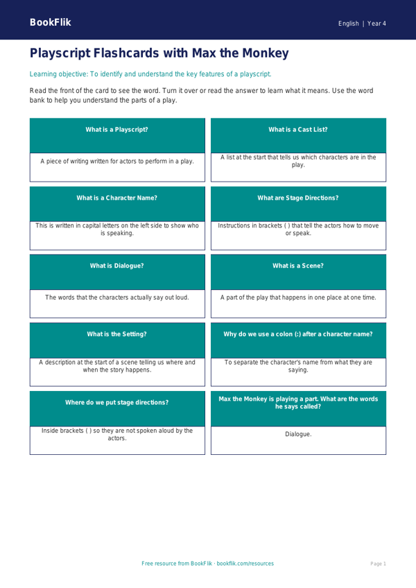 Free Playscripts Flashcards | Year 4 Supported | BookFlik worksheet preview — English Playscripts