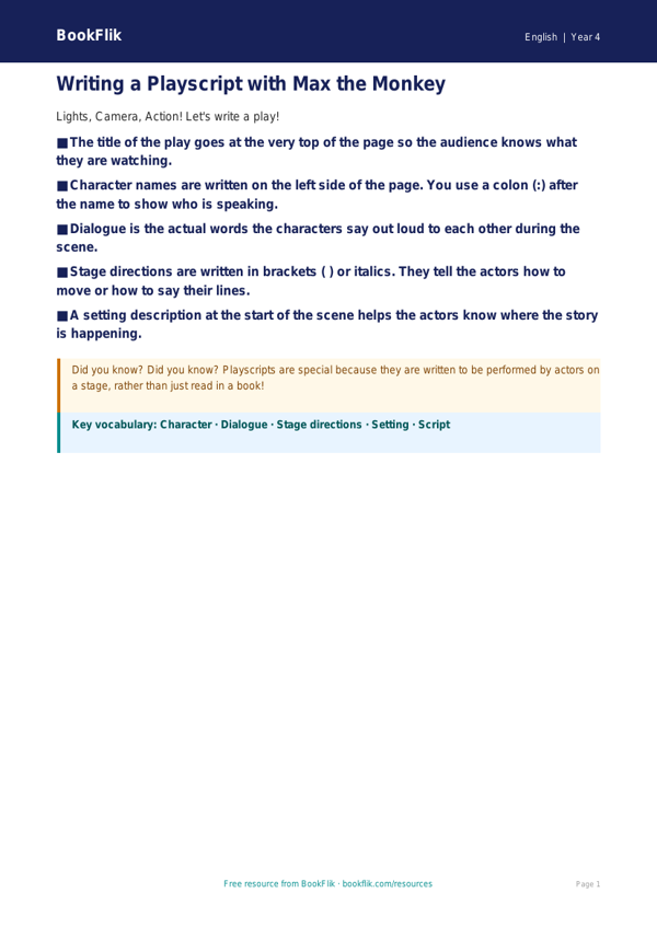 Free Playscripts Poster | Year 4 Supported | BookFlik worksheet preview — English Playscripts