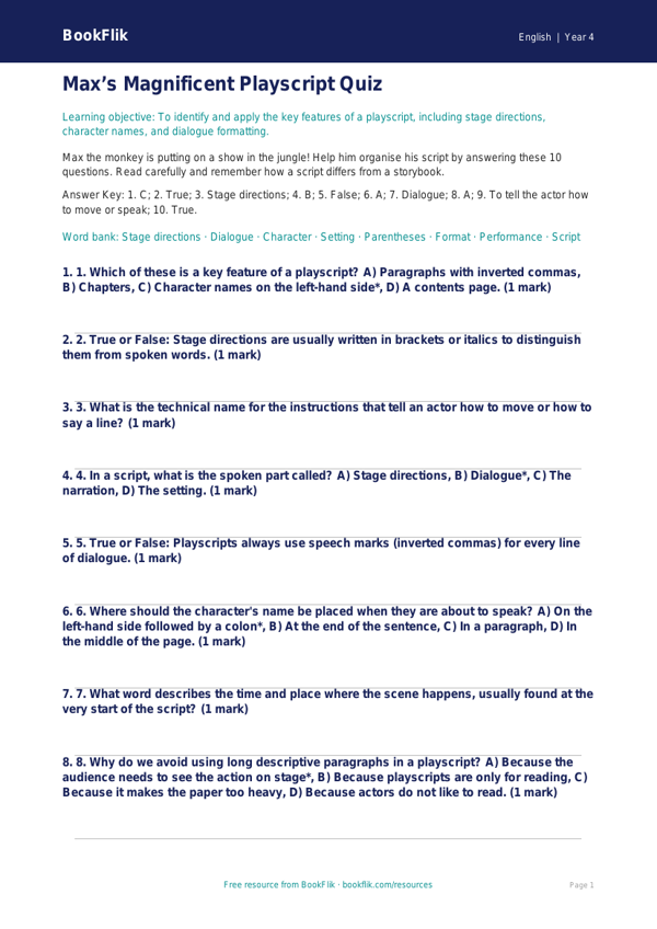 Free Playscripts Quiz | Year 4 Greater Depth | BookFlik worksheet preview — English Playscripts