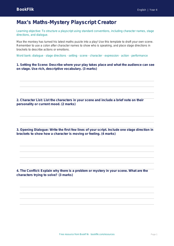 Free Playscripts Template | Year 4 Greater Depth | BookFlik worksheet preview — English Playscripts
