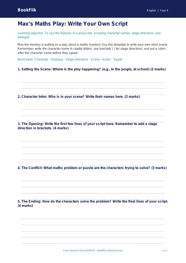 Free Playscripts Template | Year 4 Supported | BookFlik worksheet preview — English Playscripts