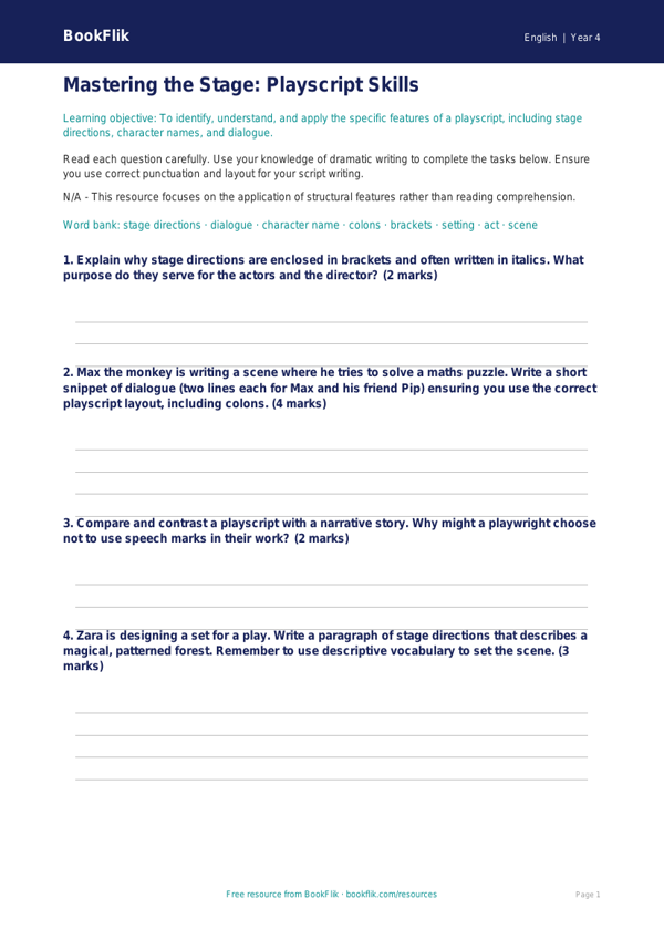 Free Playscripts Worksheet | Year 4 Greater Depth | BookFlik worksheet preview — English Playscripts