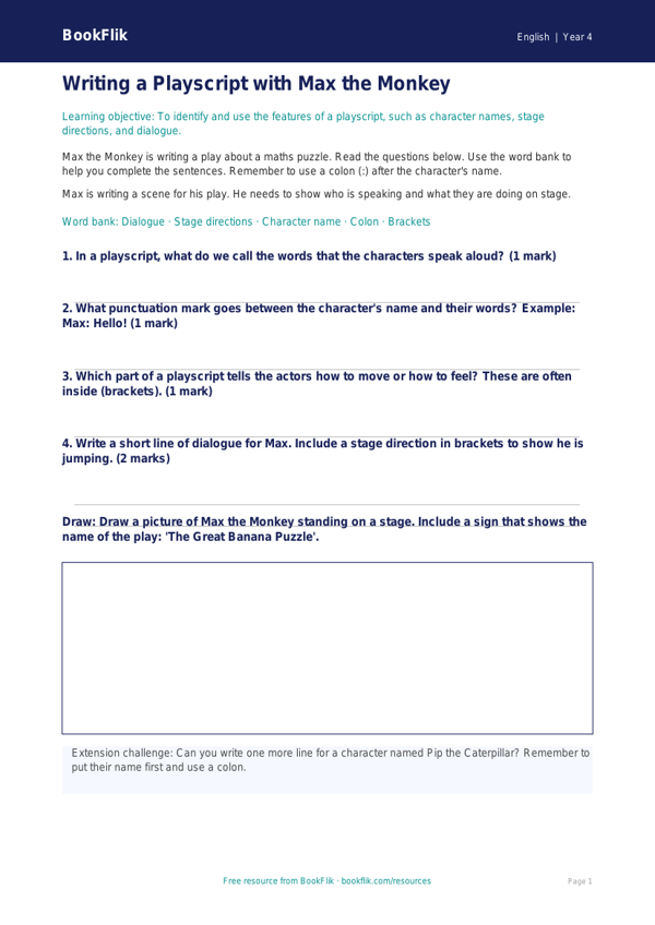 Free Playscripts Worksheet | Year 4 Supported | BookFlik worksheet preview — English Playscripts