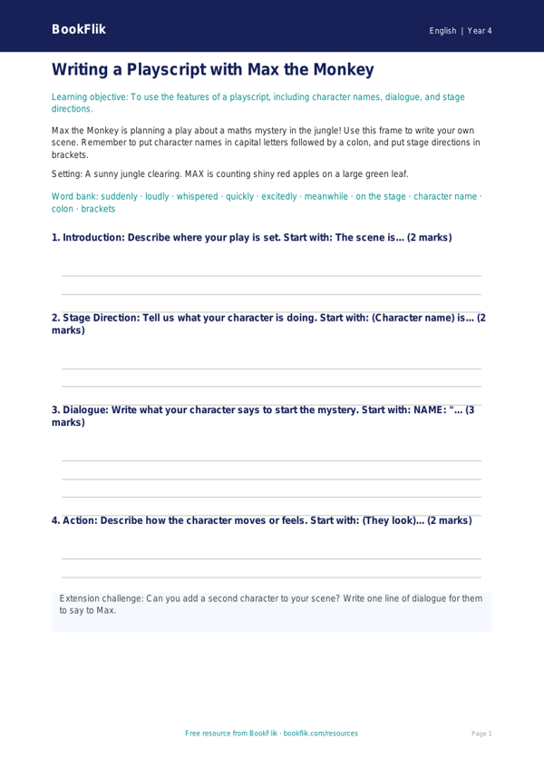 Free Playscripts Writing Frame | Year 4 Supported | BookFlik worksheet preview — English Playscripts