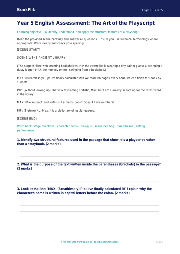 Free Playscripts Assessment | Year 5 Core | BookFlik worksheet preview — English Playscripts