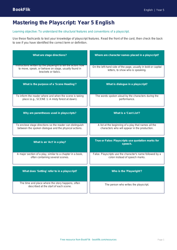 Free Playscripts Flashcards | Year 5 Core | BookFlik worksheet preview — English Playscripts