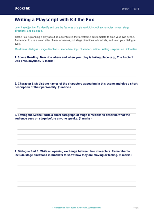 Free Playscripts Template | Year 5 Core | BookFlik worksheet preview — English Playscripts