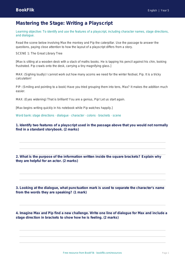 Free Playscripts Track Sheet | Year 5 Core | BookFlik worksheet preview — English Playscripts