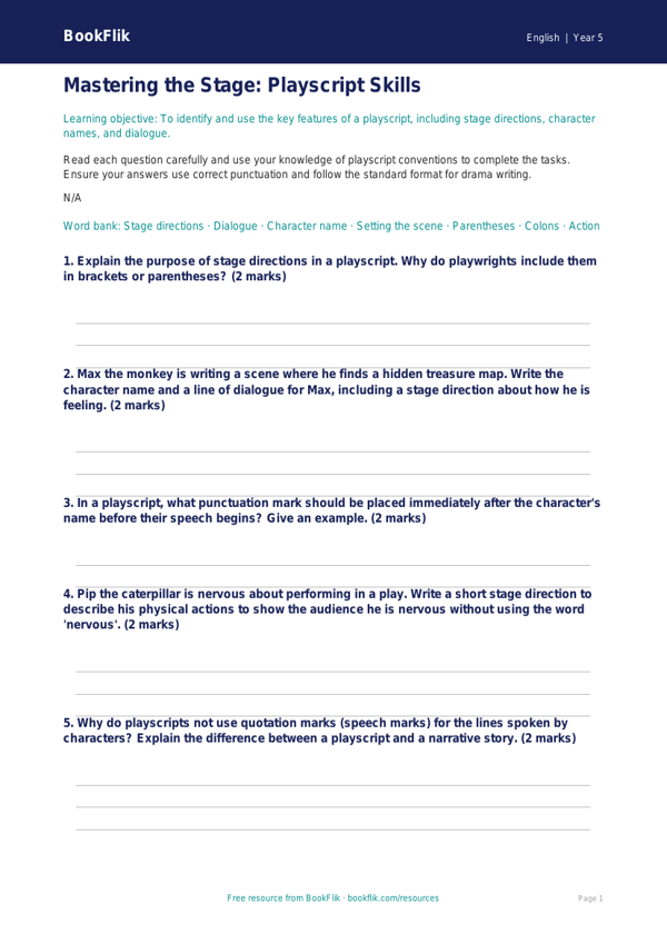 Free Playscripts Worksheet | Year 5 Core | BookFlik worksheet preview — English Playscripts